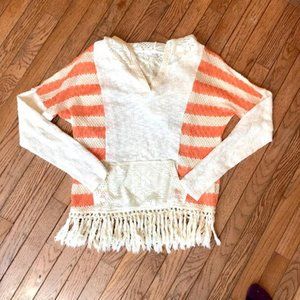 Peach/White Miss Me Crocheted Fringed Hoodie- L